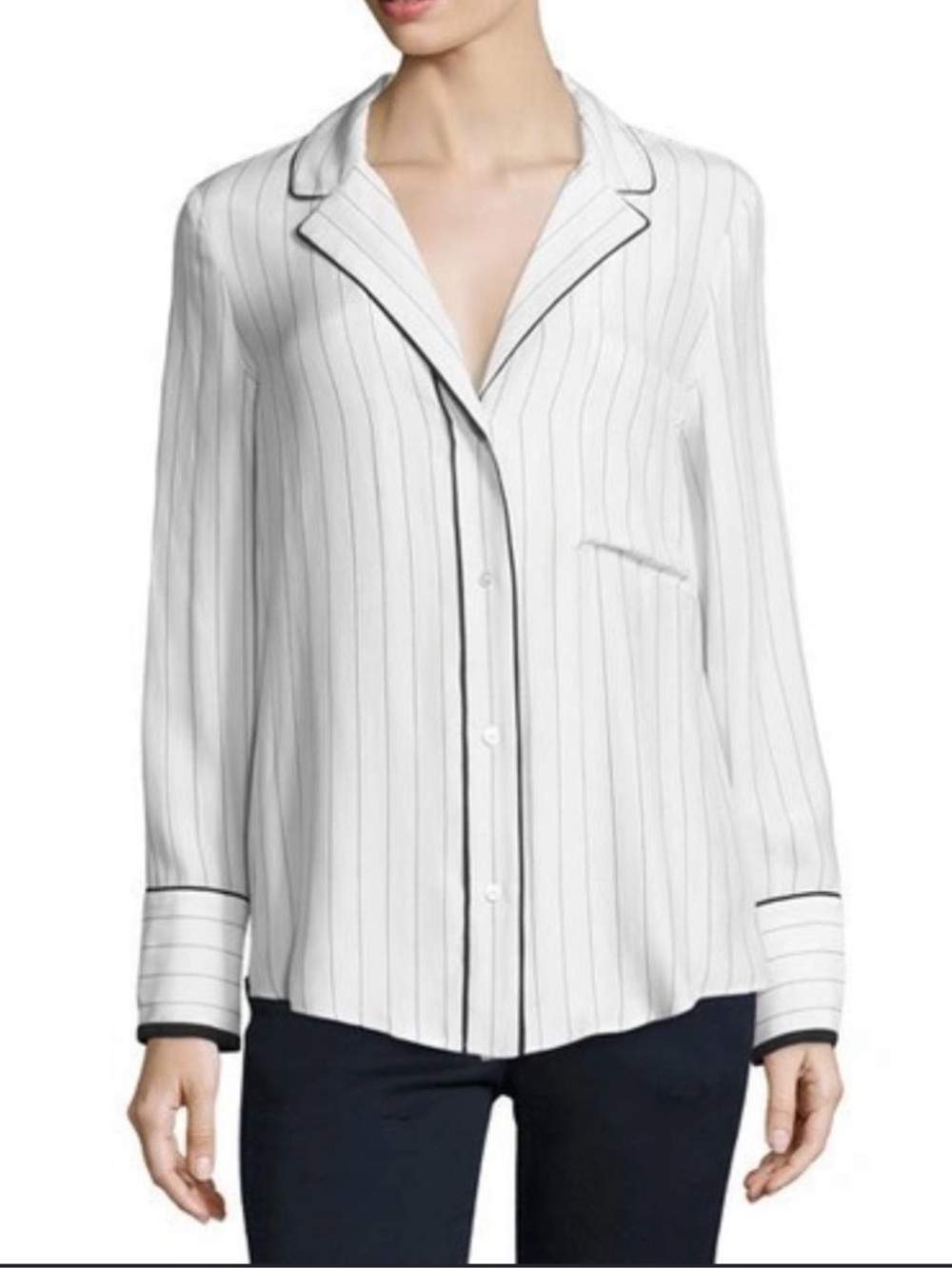 Paraphrase White Pinstripe Button-Front Shirt with Black Piping